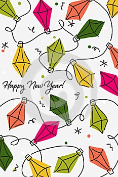 Happy new year greeting card with multicolored hand drawn holiday Christmas lights. Elegant vector illustration with retro decor