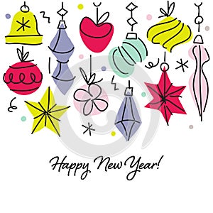 Happy new year greeting card with multicolored hand drawn holiday garland. Elegant vector illustration with retro decor