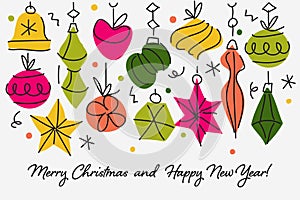 Happy new year greeting card with multicolored hand drawn holiday garland. Elegant vector illustration with retro decor