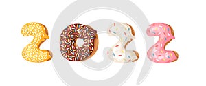 Happy New Year Greeting Card with numbers 2022. Cartoon vector illustration donut. Hand drawn font with sweet bun. Actual Creative