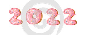 Happy New Year Greeting Card with numbers 2022. Cartoon vector illustration donut. Hand drawn font with sweet bun. Actual Creative