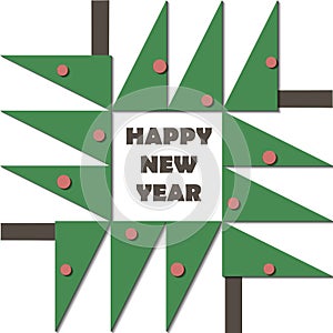 Happy New Year Greeting Card. Paper cut collage applique cutout child. Christmas tree with red balls geometric material