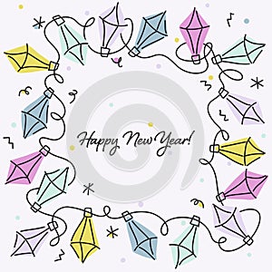 Happy new year greeting card with pastel colored hand drawn holiday Christmas lights. Vector illustration with big copy space