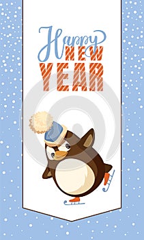 Happy New Year Greeting Card, Penguin on Skates