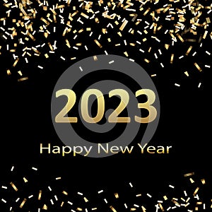 Happy New Year 2023 greeting card poster. Black background.Confetti