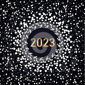 Happy New Year 2023 greeting card poster. Black background.Confetti