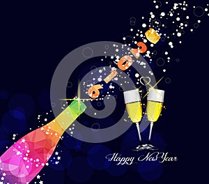 Happy new year 2016 greeting card or poster design with colorful triangle champagne explosion