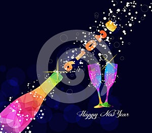 Happy new year 2016 greeting card or poster design with colorful triangle champagne explosion