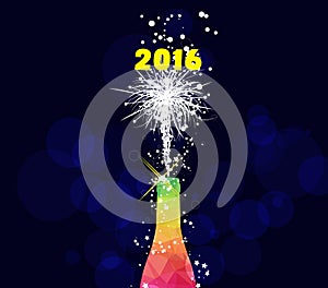 Happy new year 2016 greeting card or poster design with colorful triangle champagne explosion