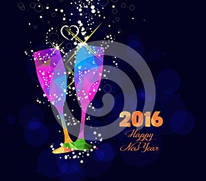 Happy new year 2016 greeting card or poster design with colorful triangle glass