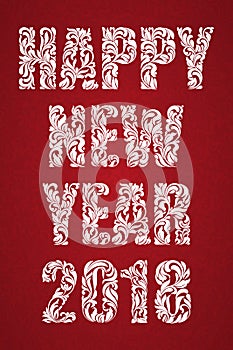 Happy New Year 2018. Greeting card or poster. Text made of floral elements.