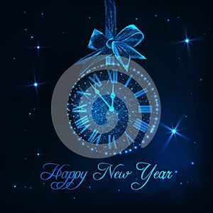 Happy New Year greeting card with roman numeral clock as a christmas ball, ribbon bow and text.