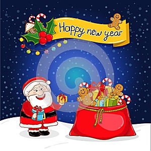 Happy New Year greeting card with Santa Claus