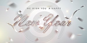 Happy New Year Greeting Card with Silver 3D lettering and Confetti on White Background. Vector Illustration. New Year