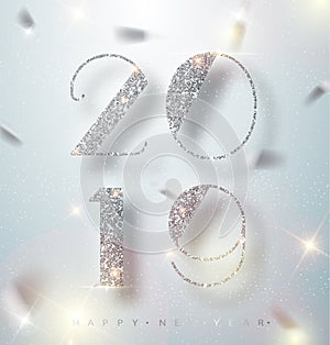 Happy New Year 2019 Greeting Card with Silver Numbers and Confetti Frame on White Background. Vector Illustration. Merry Christmas