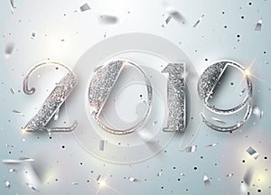 Happy New Year 2019 Greeting Card with Silver Numbers and Confetti Frame on White Background. Vector Illustration. Merry