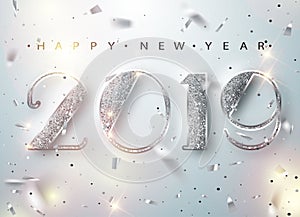 Happy New Year 2019 Greeting Card with Silver Numbers and Confetti Frame on White Background. Vector Illustration. Merry