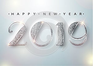Happy New Year 2019 Greeting Card with Silver Numbers on White Background. Vector Illustration. Merry Christmas Flyer or