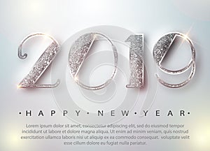 Happy New Year 2019 Greeting Card with Silver Numbers on White Background. Vector Illustration. Merry Christmas Flyer or