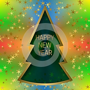 Happy New Year greeting card template on colorful blended background with glittering stars and christmas tree frame
