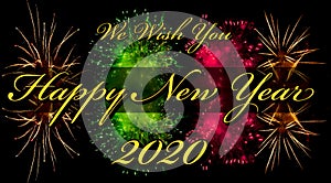 Happy New Year 2020 greeting card or template with text and firework on background
