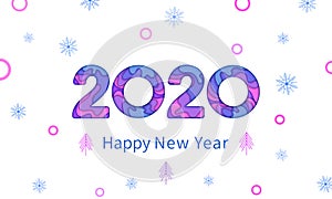 Happy New Year 2020 greeting card text design, New Year paper cut multilayer number, papercut snowflakes and trees