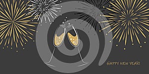 Happy new year greeting card two champagne glasses and fireworks on a grey background
