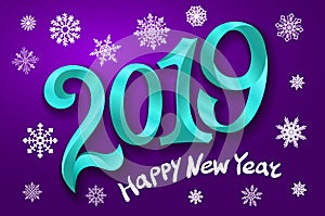 Happy New Year 2019. Greeting card. two thousand and nineteen. tape blue number on violet background. snowflakes Vector illustrati