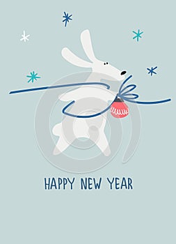 New Year greeting card with Water rabbit, zodiac animal for 2023. Horoscope bull and hand-lettered greeting phrase