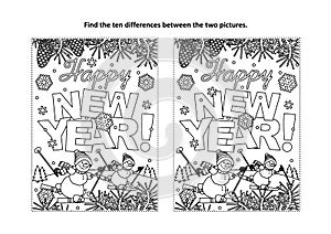 Happy New Year greeting find the differences visual puzzle and coloring page