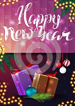 Happy New Year, greeting vertical pink card with presents and Christmas tree branch with Christmas ball