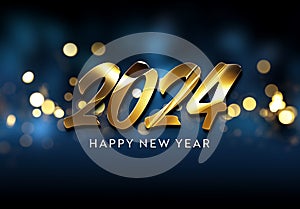 Happy New Year greetings card with glossy effect. Shiny 2024 wishes on blue. 3D rendering