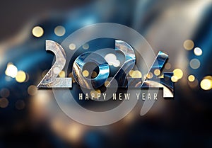 Happy New Year greetings card with glossy effect. Shiny 2024 wishes on blue. 3D rendering