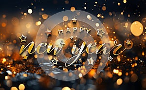 Happy New Year greetings card on sparkly background. Shiny 2024 glossy wishes. 3D rendering