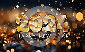 Happy New Year greetings card on sparkly background. Shiny 2024 glossy wishes. 3D rendering