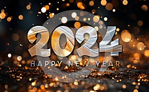 Happy New Year greetings card on sparkly background. Shiny 2024 glossy wishes. 3D rendering