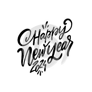Happy New Year hand drawn black color calligraphy lettering phrase.