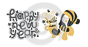 Happy new year. Hand drawn lettering quote. Vector illustration.