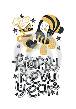 Happy new year. Hand drawn lettering quote. Vector illustration.