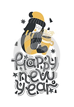 Happy new year. Hand drawn lettering quote. Vector illustration.