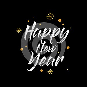 Happy New Year hand lettering calligraphy isolated on black background. Vector holiday illustration element. Golden eve