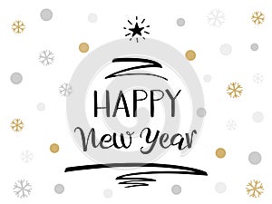 Happy New Year hand Lettering greeting card with Christmas tree pen stroke and star.