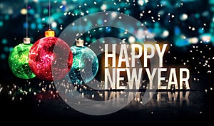 Happy New Year Hanging Baubles Blue Bokeh Beautiful 3D