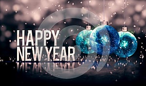 Happy New Year Hanging Baubles Blue Bokeh Beautiful 3D Grayscale Background