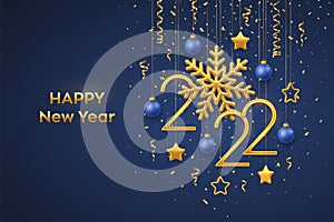 Happy New 2022 Year. Hanging Golden metallic numbers 2021 with shining snowflake and confetti on black background. New Year