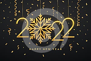 Happy New 2022 Year. Hanging Golden metallic numbers 2022 with shining snowflake and confetti on black background. New Year
