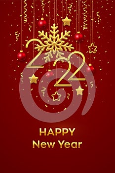 Happy New 2022 Year. Hanging Golden metallic numbers 2021 with shining snowflake and confetti on red background. New Year greeting