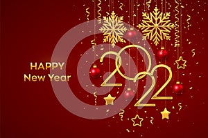 Happy New 2022 Year. Hanging Golden metallic numbers 2022 with shining snowflakes, 3D metallic stars, balls and confetti on red