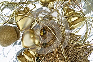 Happy New Year. Happiness. Gold gamut of colors. Silver background. Tape. photo