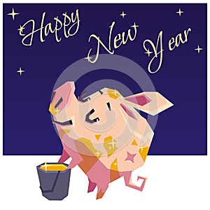 Happy new year. The happy little piggy got dirty in the paint
